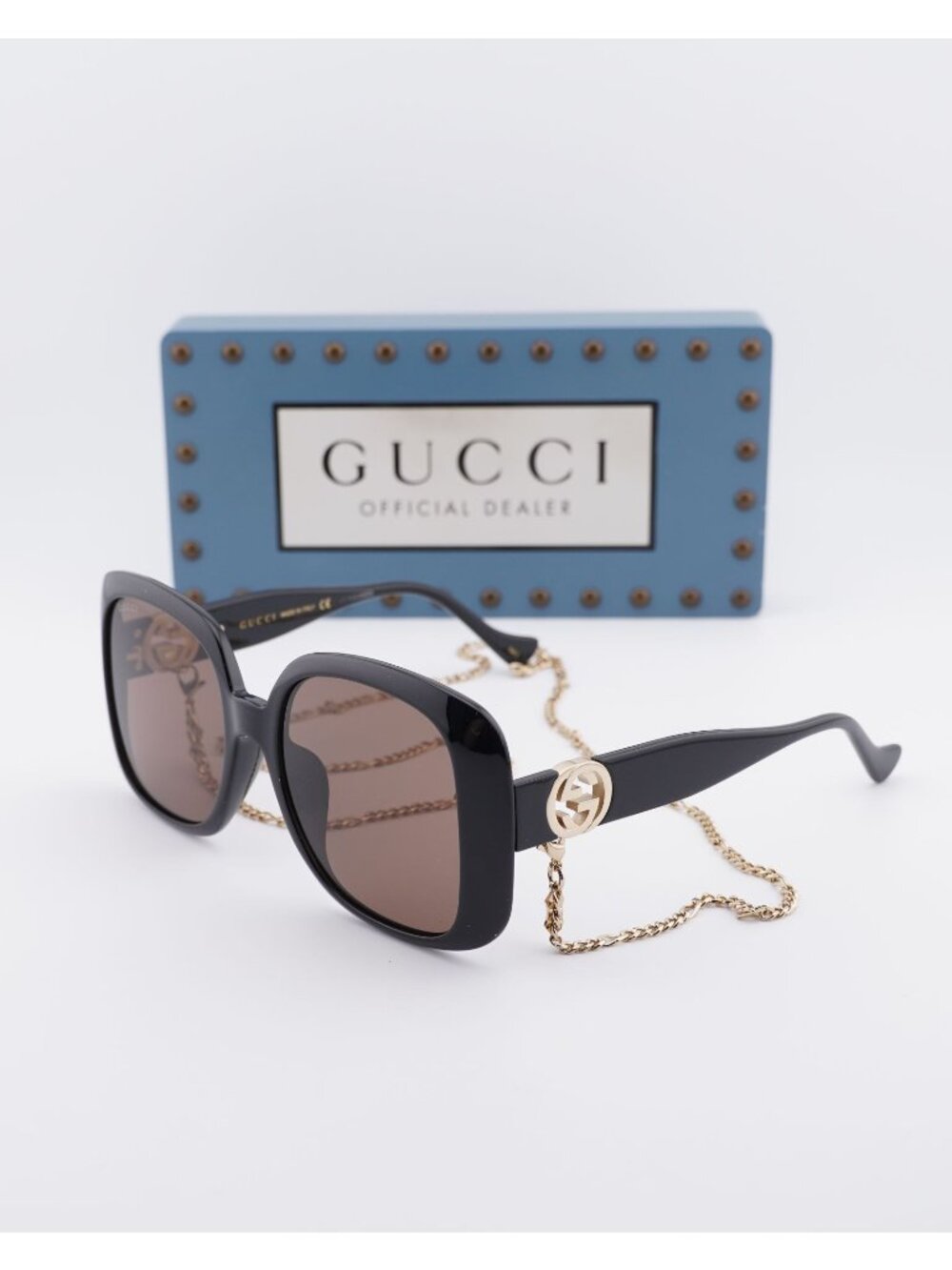 Gucci GG1029SA 005 Square Sunglasses - Black with Gold Chain\Brown